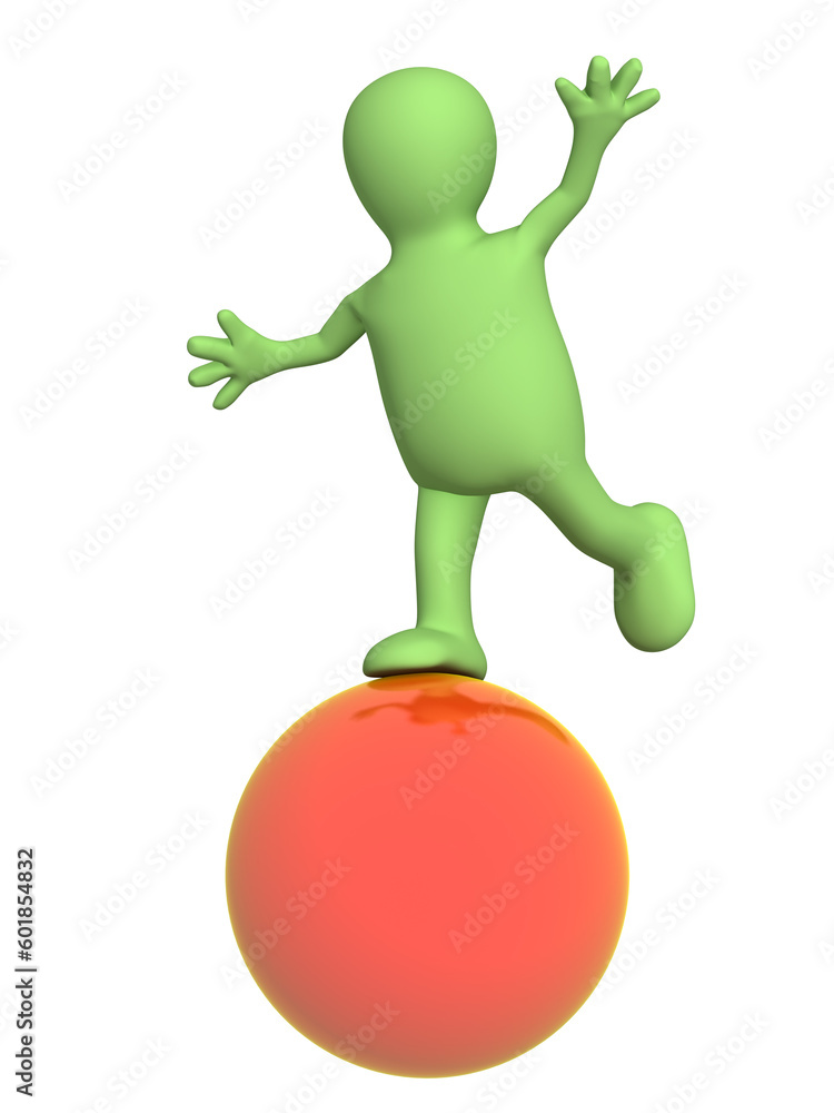 3d puppet, balancing on a red ball. Object over white 3d puppet, balancing on a red ball. Object over white