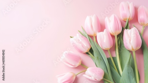Pink tulips on a pale pink background with copy space. Generative AI. © ChikaArt