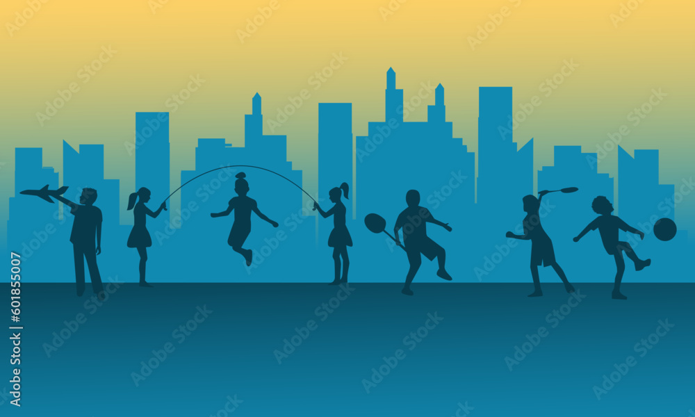 Silhouettes of children in motion on the background of the city.International Children's Day (Children's Day)