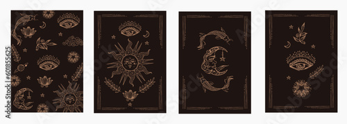 Set of mystical templates for tarot cards, banners, flyers, posters, brochures, stickers. Hand-drawn. Cards with esoteric symbols. Silhouettes of the sun, moon, fish, stars. Vector illustration