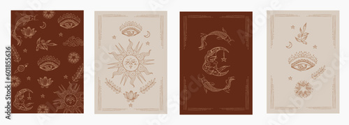 Set of mystical templates for tarot cards, banners, flyers, posters,  cover.Brochures, stickers. Hand-drawn. Cards with esoteric symbols. Silhouettes of the sun, moon, fish, stars. Vector illustration
