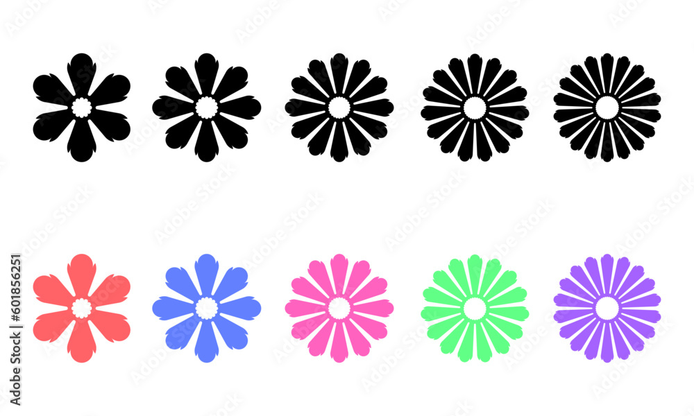 Collection of black flowers with their specimen in a different color; floral set for decorations and other creative designs