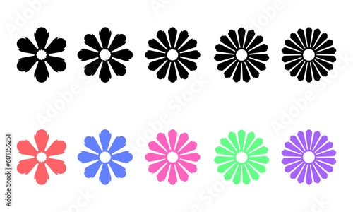 Collection of black flowers with their specimen in a different color; floral set for decorations and other creative designs