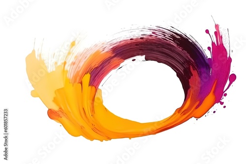 Colorful bright paint swirls circle with splashes and empty white space. Liquid vivid flow with twists, curved dynamic lines for creative background. Fluid vortex made of acrylic or alcohol ink.