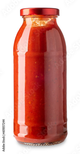 Tomato sauce in glass jar with red cap, isolated