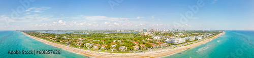 Aerial panorama of luxury mansion homes in Palm Beach FL circa 2023