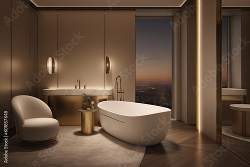 Luxurious Bathroom Featuring a Bathtub and a Comfortable Chair Generative AI