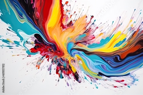 Colorful bright paint swirls with splashes and empty white space. Liquid vivid flow with twists  curved dynamic lines for creative background. Fluid vortex made of acrylic or alcohol ink.