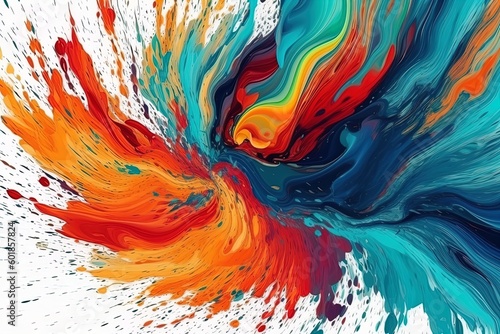 Colorful bright paint swirls with splashes and empty white space. Liquid vivid flow with twists  curved dynamic lines for creative background. Fluid vortex made of acrylic or alcohol ink.
