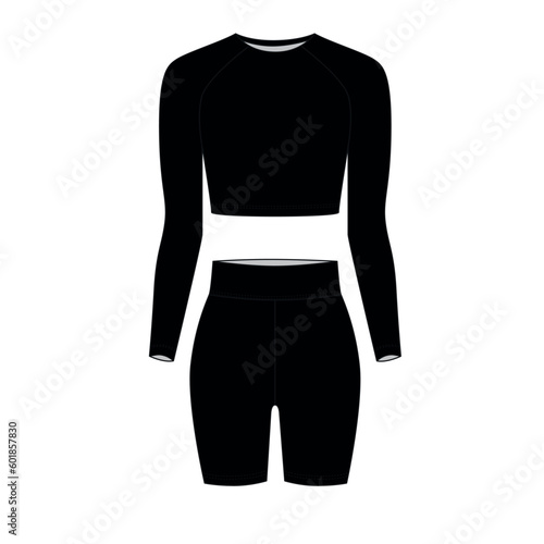 Vector illustration of a fashionable women's slim tracksuit. Short cycling shorts template in black color, vector. Long sleeve crop top template in black color, vector.