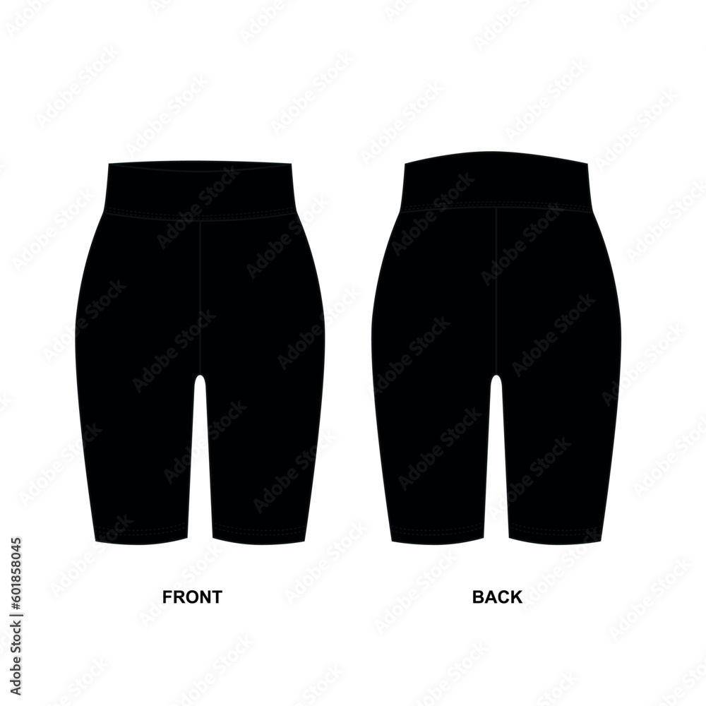 Vector drawing of cycling shorts in black. Bicycle shorts front and back view template. Sketch of short women's shorts made of elastic fabric for sports. Vector drawing of cycling shorts in black. Bicycle shorts front and back view template. Sketch of short women's shorts made of elastic fabric for sports.