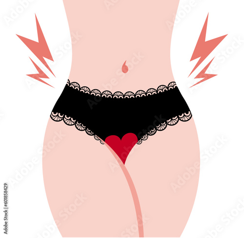 Vector illustration on a white background. Woman menstruation cycle, period cramp. Pain. lace panties.