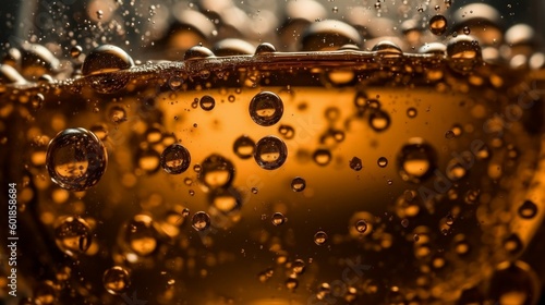 Close up background texture of pouring lager beer with bubbles in frosty glass with drops, low angle front view. Generative AI