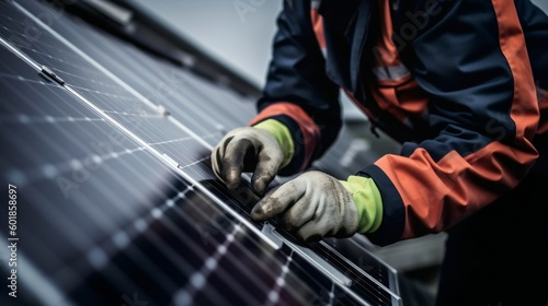 Close up of man technician in work gloves installing stand alone solar panel system. Concept of alternative energy and power sustainable resources. Generative AI