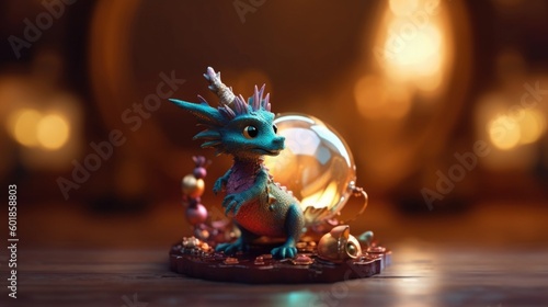 Little cute dragon toy and glass ball surrounded by Christmas lights. Christmas and new year holliday card. Generative ai