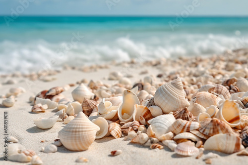 Closeup photo of seashells on a seashore. Generative AI