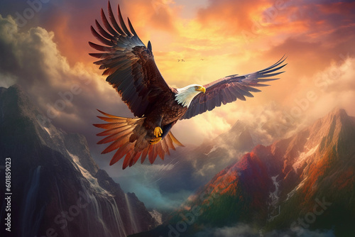 A majestic eagle soaring over a breathtaking mountain range, with a rainbow in the background adding a magical touch to the scene, Generative AI © Vincent
