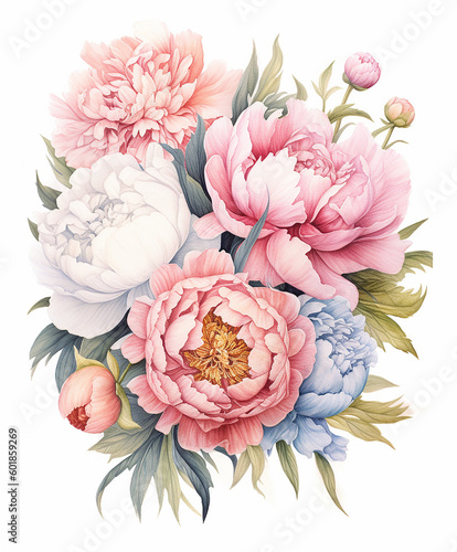 illustrazione di bouquet di peonie rosa in stile acquerello su sfondo bianco scontornabile ideale per inviti e biglietti di auguri per matrimoni, creata con intelligenza artificiale photo