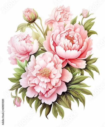 illustrazione di bouquet di peonie rosa in stile acquerello su sfondo bianco scontornabile ideale per inviti e biglietti di auguri per matrimoni, creata con intelligenza artificiale photo