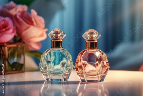Fresh spring romantic image, stylish transparent glass perfume bottles. Stylish parfumerie banner, Generative AI