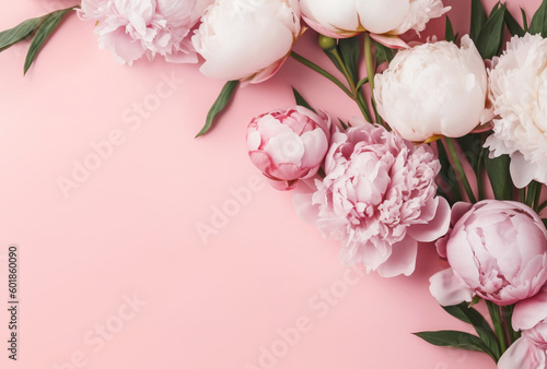 Tender peonies on pink background with copy space. Abstract natural floral frame layout with text space. Romantic feminine composition. Wedding invitation. International Women day, Mother Day concept