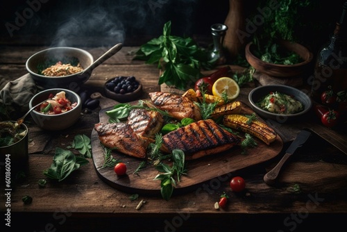 Grilled rustic fare paired with fresh leafy greens and garden produce. Generative AI