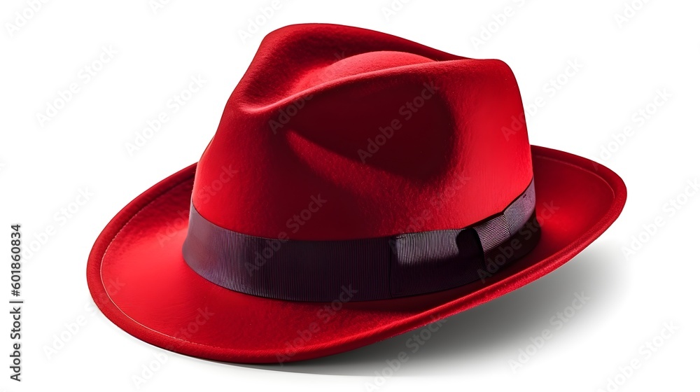 Red fashionable stylish fedora hat studio shot on isolated on white background. Generative AI technology. - obrazy, fototapety, plakaty 