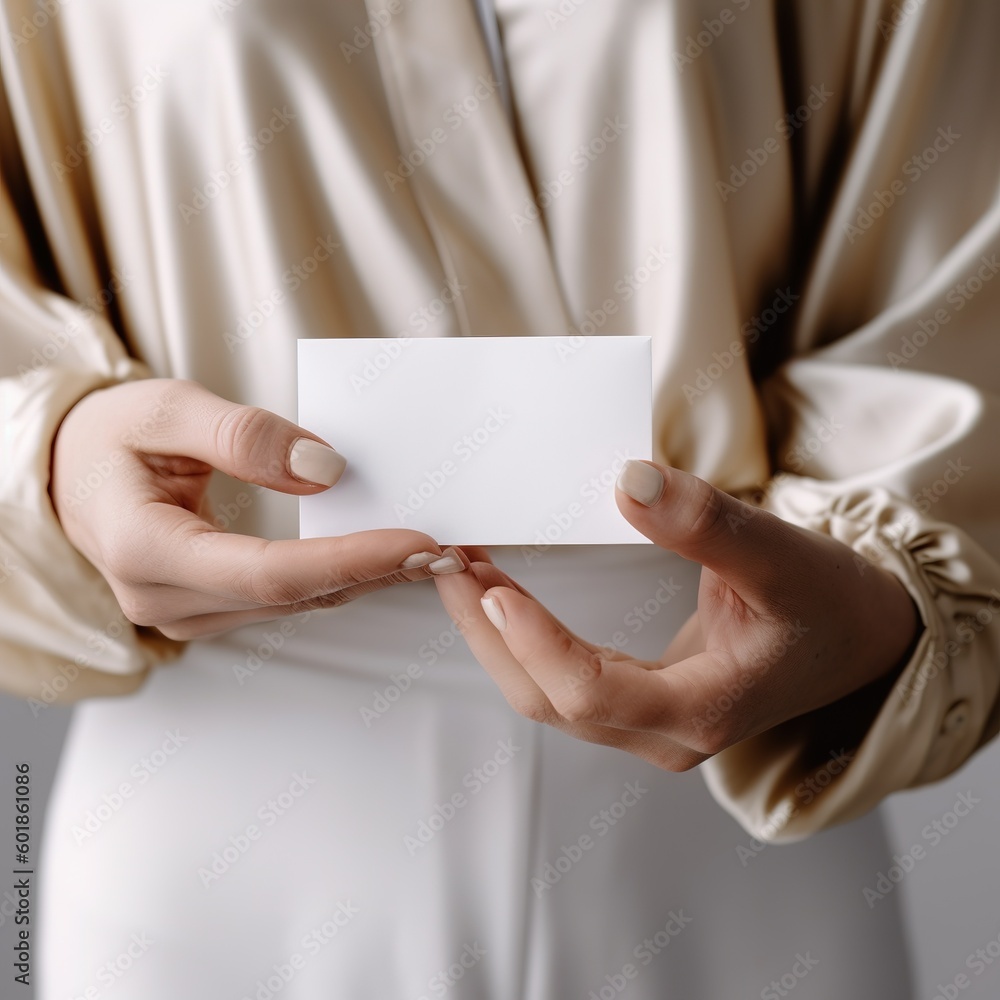 Woman is holding a blank invitation card in her hands, Generative AI Woman is holding a blank invitation card in her hands, Generative AI