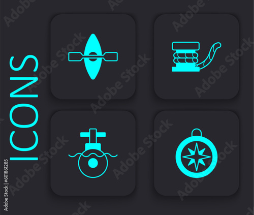 Set Compass, Kayak and paddle, Marine bollard with rope and Submarine icon. Black square button. Vector