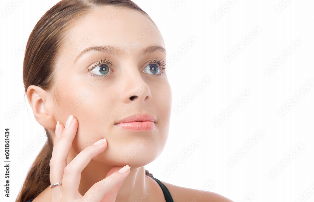 High key portrait of beautiful  young woman on white back