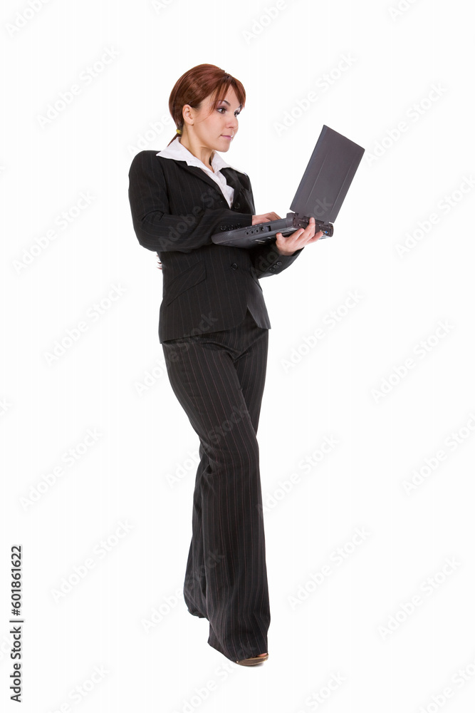 attractive businesswoman with laptop. over white background