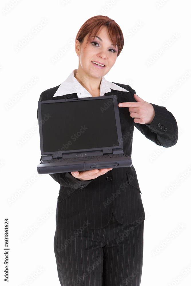 attractive businesswoman with laptop. over white background