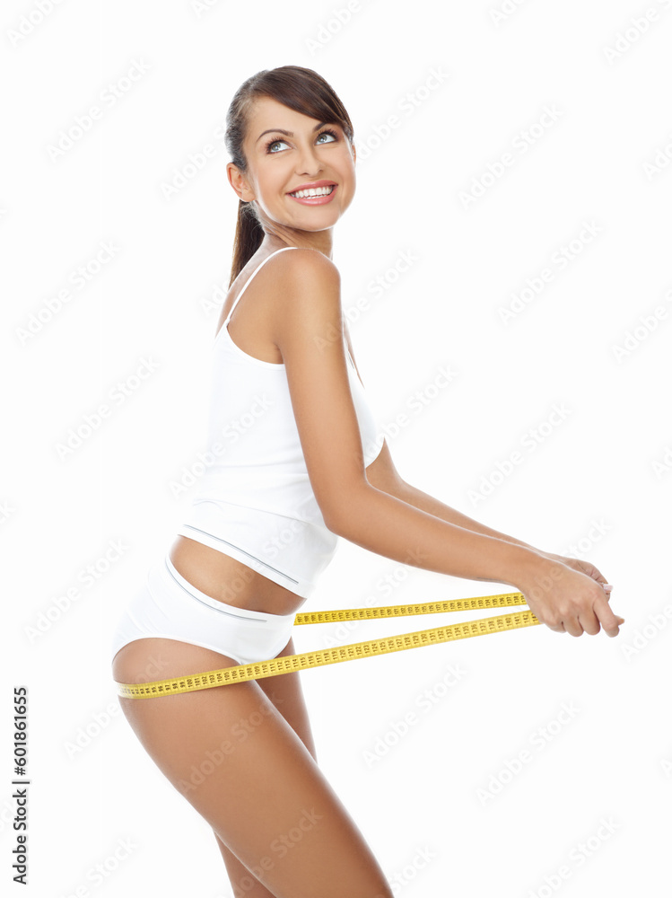 Young beautiful woman with measure tape on white Young beautiful woman with measure tape on white