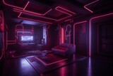 Futuristic 3D render with violet red neon sign, empty virtual room and cyber space. Generative AI
