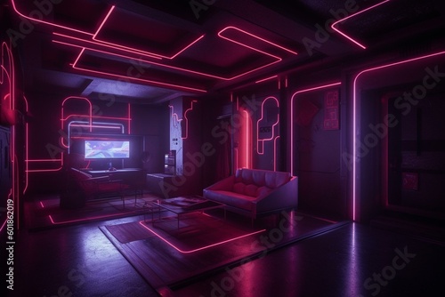 Futuristic 3D render with violet red neon sign, empty virtual room and cyber space. Generative AI