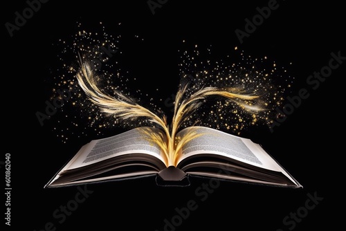 Magical book. Book fantasy. Reading books and using imagination. Light over the book pages. Generative ai. © Yana