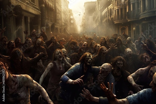 Zombie apocalypse. Zombies on the street, walking dead people. Generative ai.