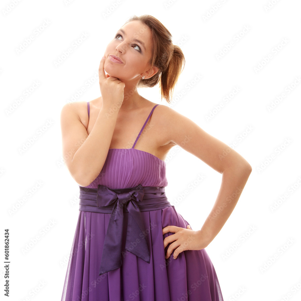 Attractive dancer girl in violet classic dress, studio shot Attractive dancer girl in violet classic dress, studio shot
