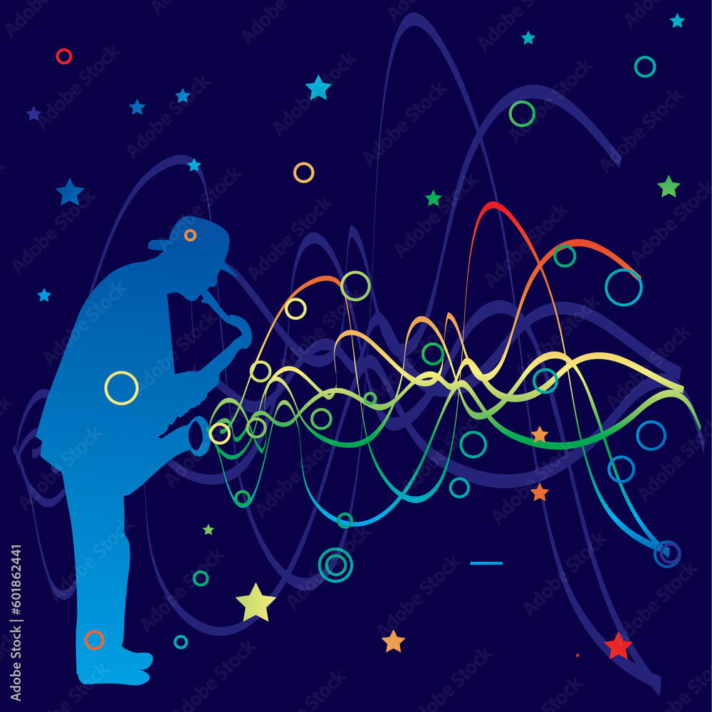 vector illustration with saxophonist and colored lines