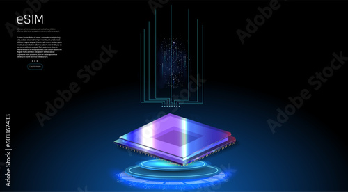 eSIM card chip sign. Embedded SIM concept. New mobile communication technology. Futuristic projection sim card. eSIM card chip sign. Embedded SIM concept. New mobile communication technology.