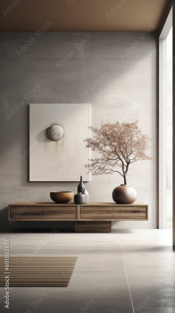 Minimalistic interior with art on the wall. Ai generated. Minimalistic interior with art on the wall. Ai generated.
