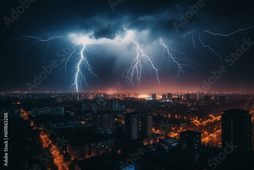 Vibrant lightning storm illuminating the nocturnal heavens. Generative AI