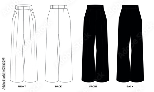 Collection of vector illustrations of wide trousers with tucks and pockets, white and black colors. Technical sketch of high-waisted trousers with waistband, front and back view. 