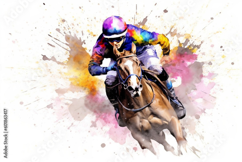 Vibrant watercolor illustration of a galloping racehorse with jockey on white background, generative Ai © Ash