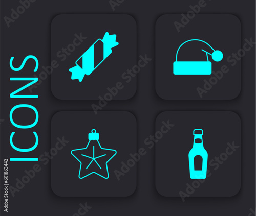 Set Champagne bottle, Candy, Christmas Santa Claus hat and star icon. Black square button. Vector