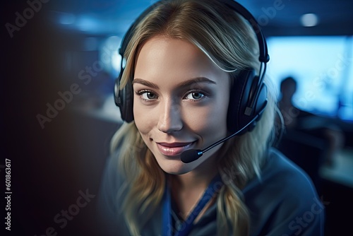 Portrait of a blond woman with headphones in a call center (Generative AI, Generativ, KI)