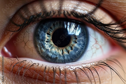 Close-up of a female eye with long eyelashes and a blue iris (Generative AI, Generativ, KI)