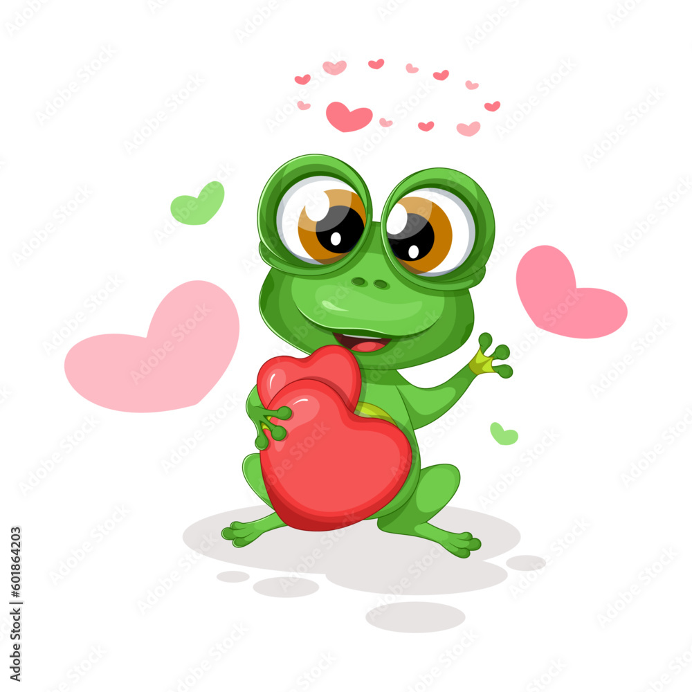 Obraz premium Cute frog in love with red hearts