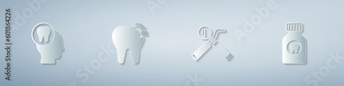 Set Toothache, Broken tooth, Dental mirror and probe and painkiller tablet. Paper art style. Vector