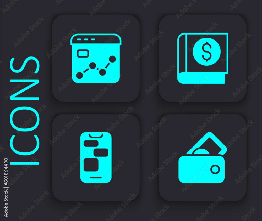 Set Wallet with money, Market analysis, Financial book and Mobile 24 hours support icon. Black square button. Vector Set Wallet with money, Market analysis, Financial book and Mobile 24 hours support icon. Black square button. Vector